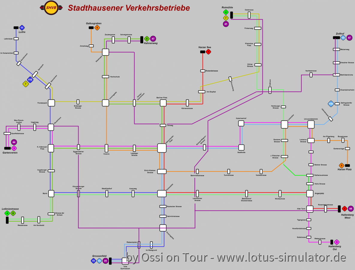 Liniennetzplan Stadthausen mit Tram und Bus